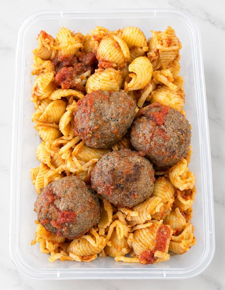 Protein bowl pasta pesto albóndigas
